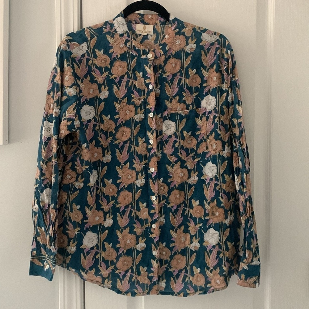 Perry Walker Collective Floral Cotton Blouse 3 tan turquoise blue long‎ sleeves